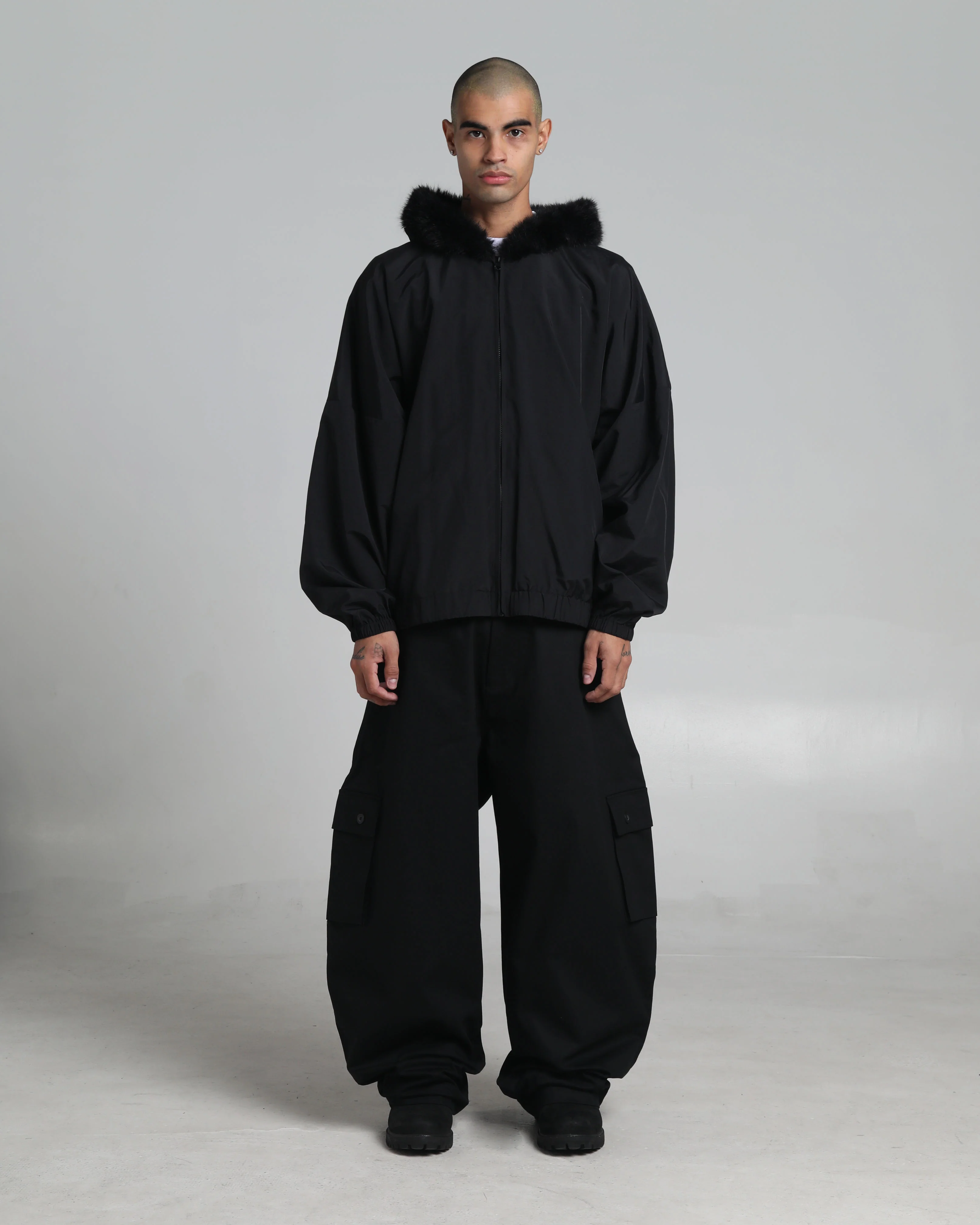 Fur Hooded Nylon Track Jacket