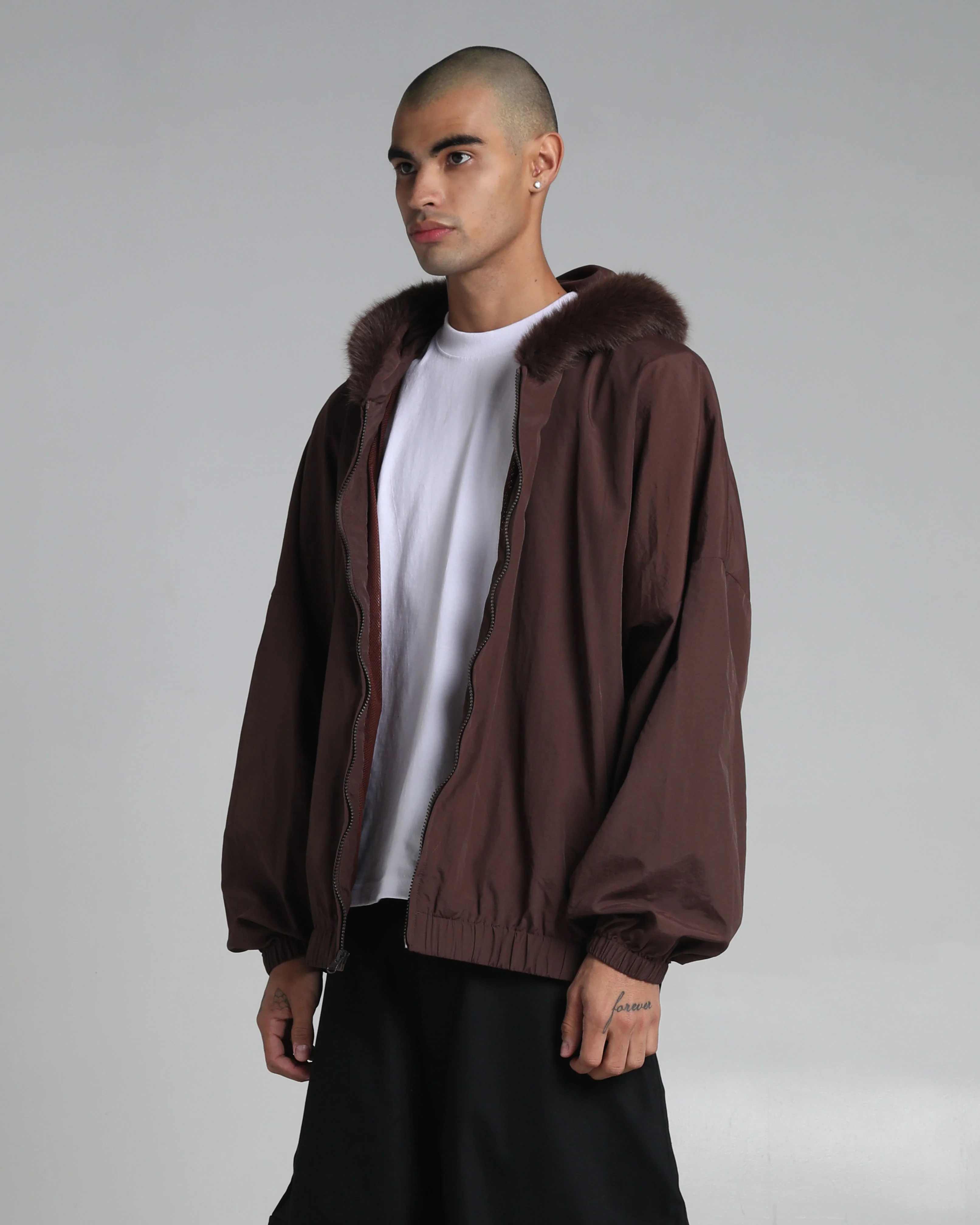 Fur Hooded Nylon Track Jacket - Image 13