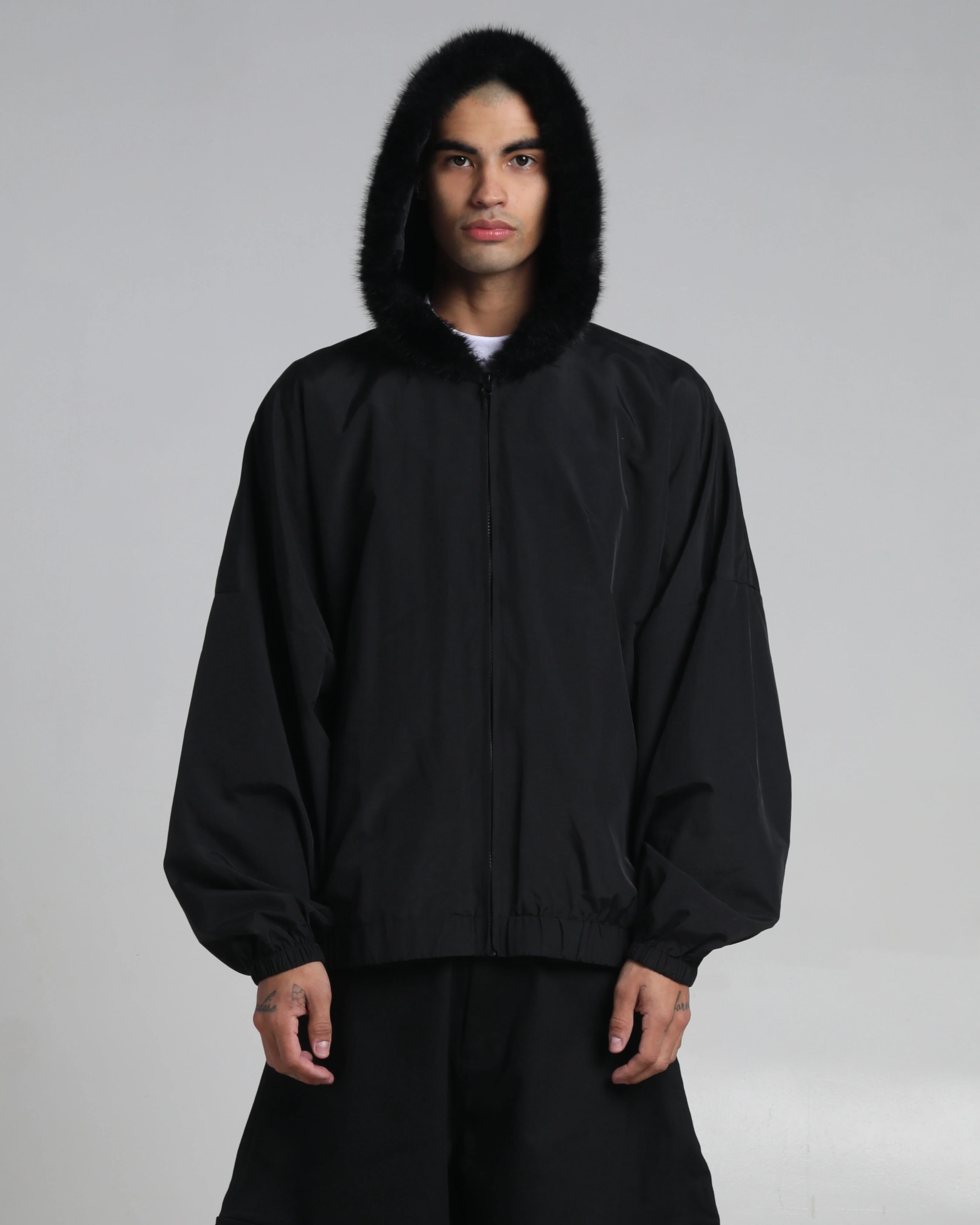 Fur Hooded Nylon Track Jacket - Image 2