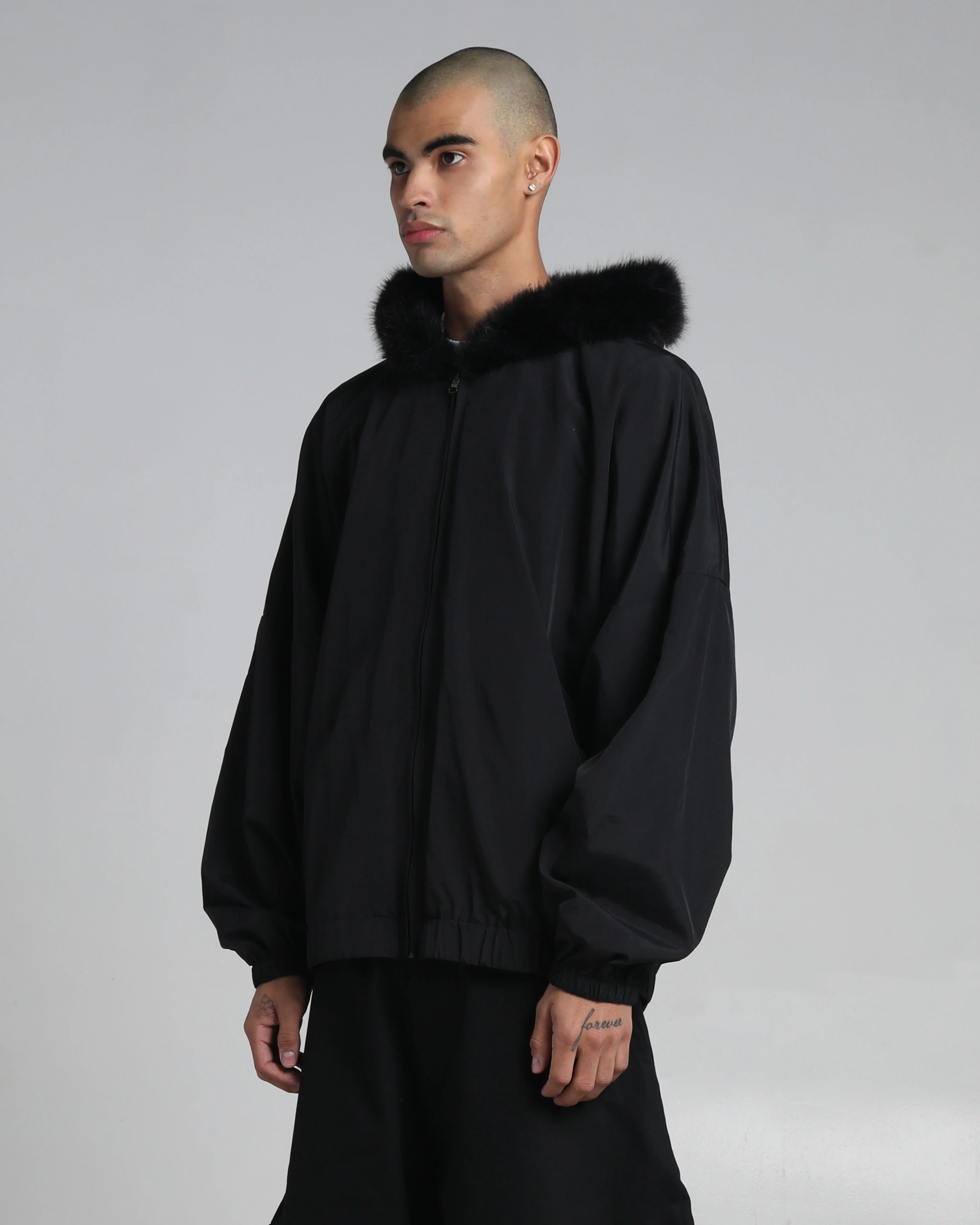 Fur Hooded Nylon Track Jacket - Image 5