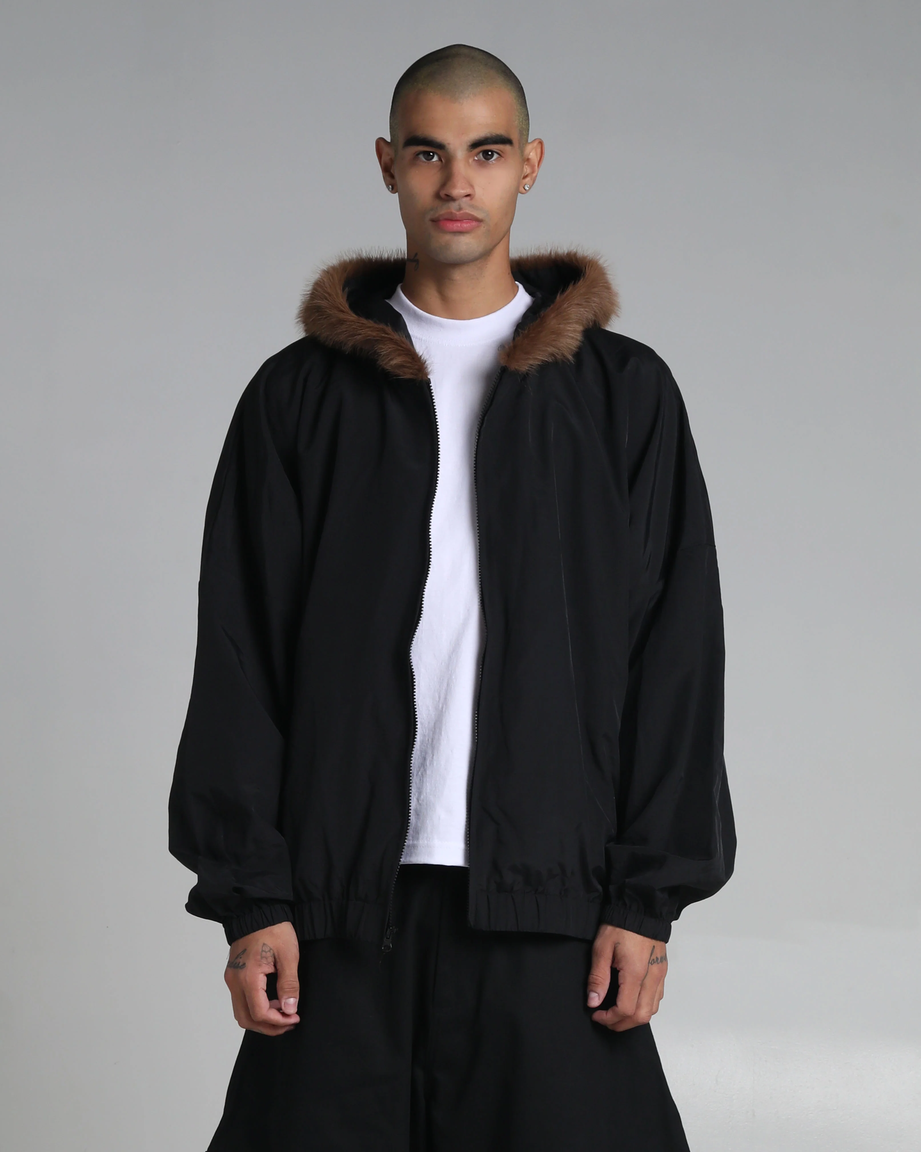 Fur Hooded Nylon Track Jacket - Image 6