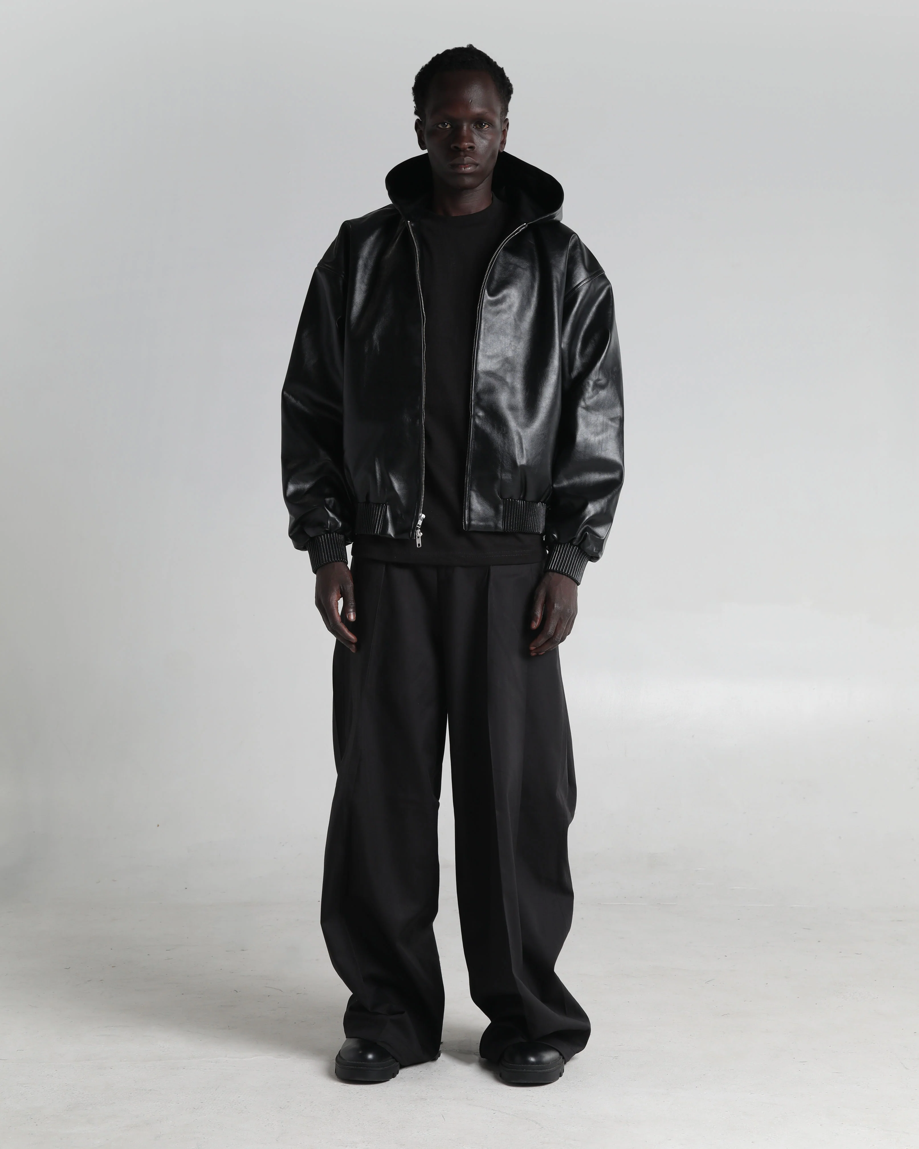 Hooded Faux Leather Bomber