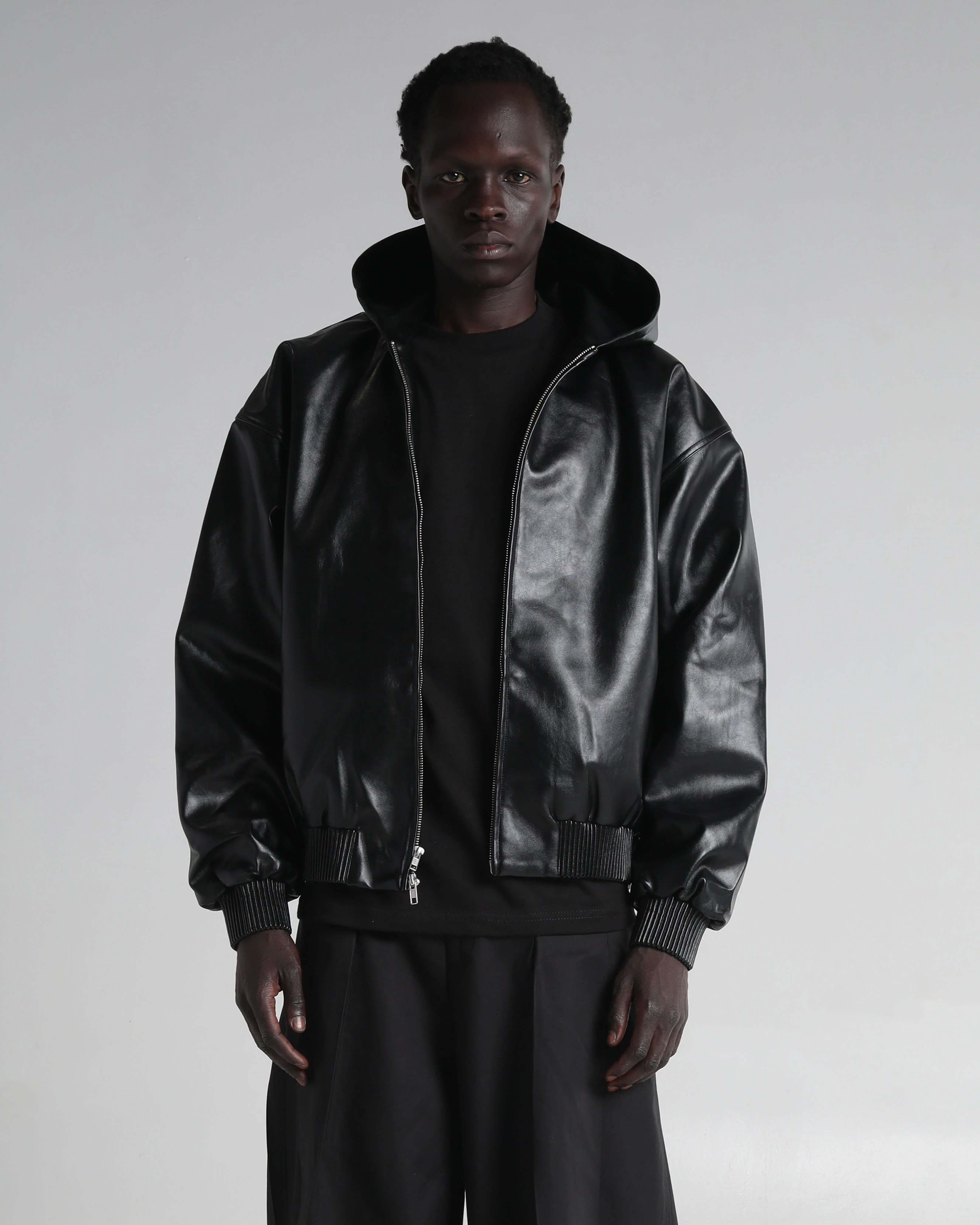 Hooded Faux Leather Bomber - Image 3