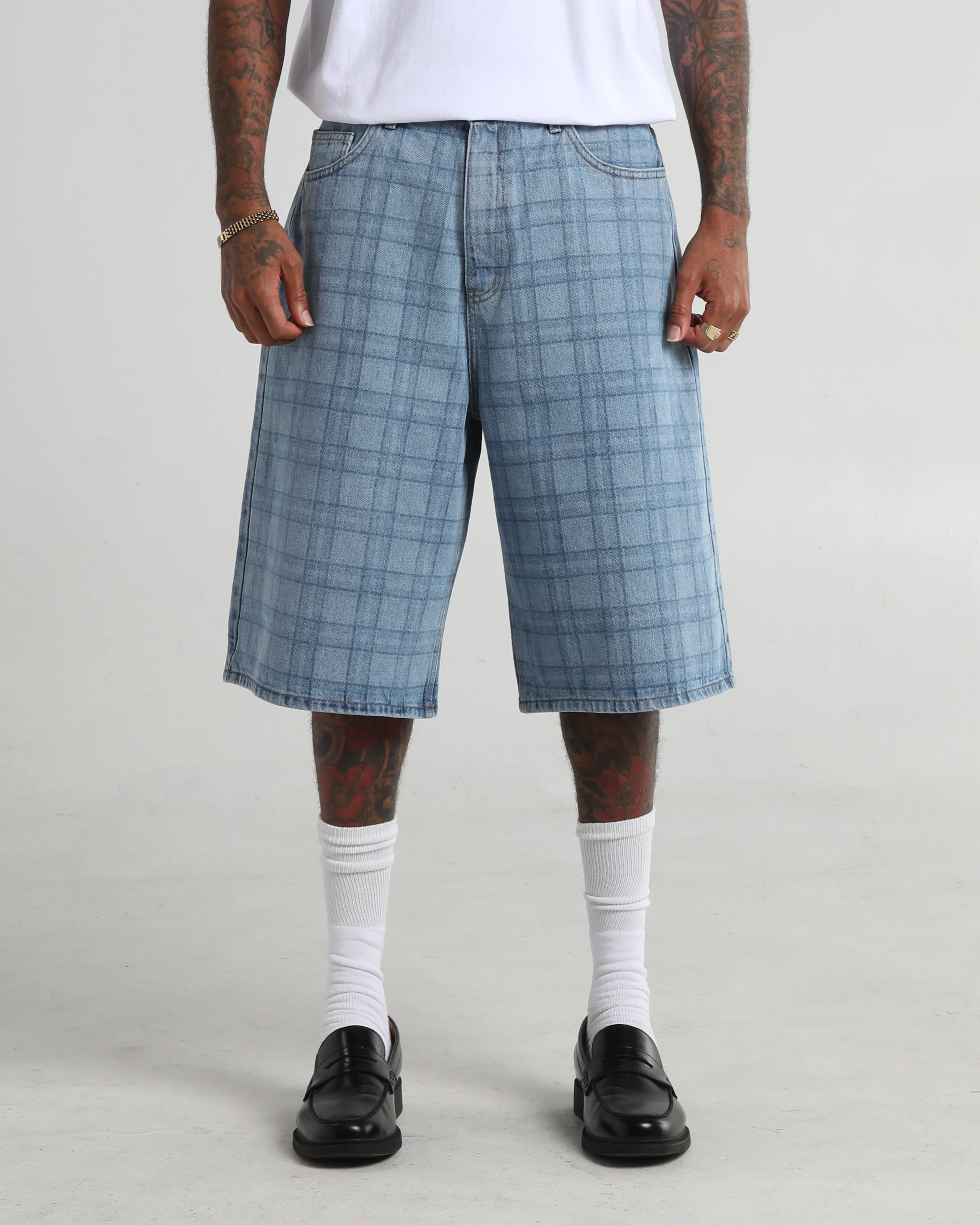 Lasered Plaid Denim Shorts - Image 6